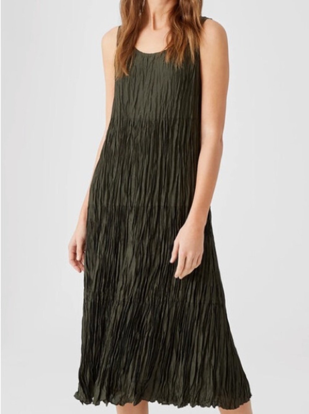 Eileen Fisher Crushed 100% Silk Habutai Sleeveless Tiered Midi Dress Seaweed 3X